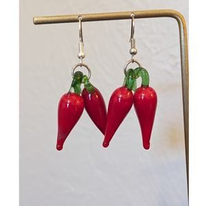 Red Hot Chili Pepper Glass Dangle Wire Earrings